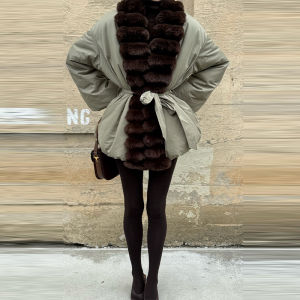 2026 New Lady High Street Coat Womens Trendy Patchwork Faux Fur Neck Outwear Casual Elegant Tie Lace Up Loose Thick  Jacket