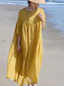 Artistic Pure Color Double Layered Linen Short Sleeve Long Dress Womens Summer Loose Slimming Fluffy Cotton Linen Gown