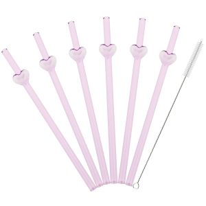 6pcs Reusable Glass Straw with Brush Multicolored Heart-shaped Straws Set Suitable for Milkshakes Juices Coffee Bar Accessories