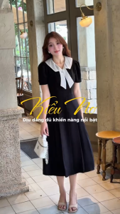 Đầm thiết kế BEMINE cổ chữ V phối tơ in bi dáng chữ A phù hợp đi làm-B686