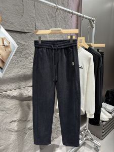 กางเกงลำลองผู้ชายทรงหลวมขาตรงเอวยางยืดผ้าขนแกะหนาสำหรับฤดูหนาว กางเกงขายาวทรงหลวมสบายๆ สไตล์ย้อนยุค ทรงหลวม กางเกงขายาว