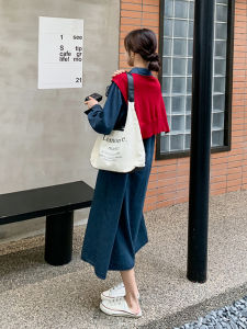 ชุดเดรสสั้นผ้าเดนิมทรงหลวมสไตล์ฮ่องกงสำหรับผู้หญิงในฤดูใบไม้ร่วงปี 2025 ทรงหลวม สไตล์เกาหลี แขนยาว กระโปรงทรงเอ