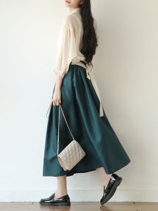 Spring Summer New Artistic French Romantic Vintage Belted High Waist Midi Skirt Womens 9502 Umbrella Skirt Half-length