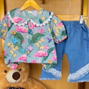 X BABY Setelan Anak Perempuan Lengan Pendek Katun Motif Angsa Flamingo Renda-Neck Kasual Style 1-4 Tahun