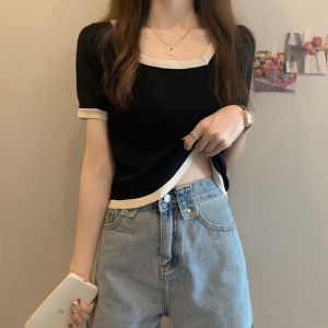 Retro Color Block Large Collar Knitted Top Summer New Ice Silk Short Sleeve T-Shirt Clavicle Baring Fashionable Casual Wear