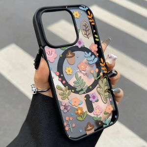 Magnetic Acrylic Pink Purple Flower Phone Case For iPhone 17 Pro Max 17 16 13 15 12 11 14 Air Frosted Cover Funda Transparent