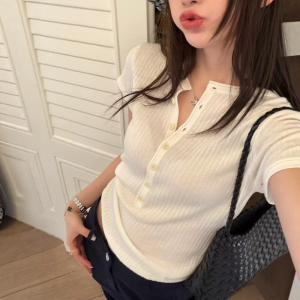 DUOFEIYAN | White Semi-Open Collar Knit Ribbed Short Sleeve T-Shirt
