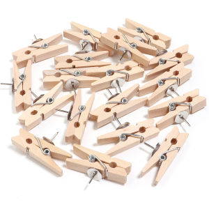 20Pcs Clips Push Pin with Wooden Decorative Clips Durable Wooden Office School Stationery Thumb Tacks For Cork Blackboard