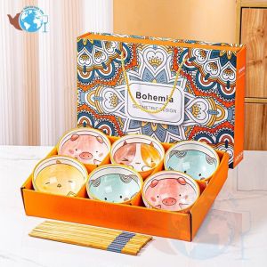 [Tặng 6 Đôi Đũa] Set 6 Bát Ăn Cơm Gia Đình Hình Bohemia Chất Liệu Gốm Sứ Cao Cấp Chén Ăn Cơm Hình Động Vật Và Thổ Cẩm DeCor