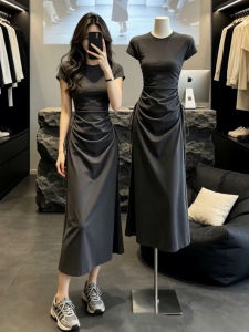 Karrar betsey | Đầm Mùa Hè Phong Cách Hàn Quốc Màu Xám Dây Nơ Ép Eo