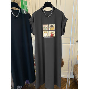 2024 Summer New Pure Cotton Short Sleeve T-shirt Skirt Female K-style Loose Casual Plus Size Flying Sleeves Split Dress