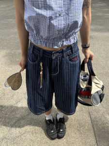 Chuan Chuan Ya Original American Stripe Loose Wide Leg Embroidered Denim Shorts Casual Mid-Length Pants for Men And Women