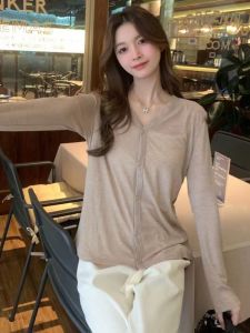 ผู้หญิงบางเฉียบถักเสื้อสเวตเตอร์ถักสําหรับฤดูใบไม้ผลิ/ฤดูร้อนขนาดใหญ่หลวม Fit Slim สไตล์แขนยาว V คอ