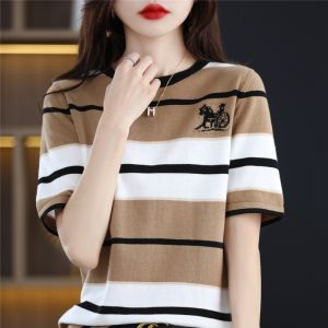 Luckin Áo Thun Kẻ Sọc Ngắn Tay hàng hiệu cho phụ nữ cho nữ áo dệt kim cổ tròn dáng rộng Mới Mùa Hè 2025