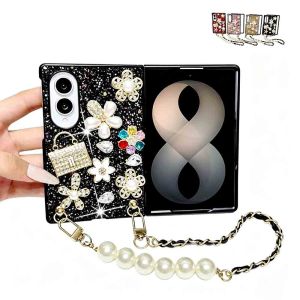 Luxury Glitter Diamond Phone Case for Samsung Galaxy Z Fold 8 Ultra/8/7/6 Series Bling 3D Pearl Flower Handbag Ornament Cover With Pearl Chain Strap Shockproof Protective Hard Case