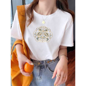 White Loose Short Sleeve T-Shirt Womens Summer New Style Half Sleeve Body Shirt New Chinese National Style Top Commute Korean Style Slim Fit Cotton Blend