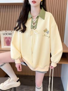 Loose Womens Polo Neck Sweatshirt Design Sensation Korean Style Spring Autumn New Arrival Long Sleeve Plant Floral Print