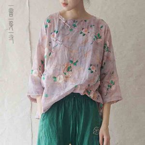 Retro Style Cotton Linen Shirt New Summer Vintage Print Slanting Lapel Zen Meaning Tea Clothing Womens Loose Fit round Neck Short Sleeve