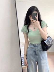 Pure Desire Shoulder U-Neck Ice Silk Knitted Short Sleeve T-Shirt Women Summer Slim Fit Waist Shaping Trendy Top Commute Style