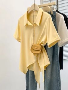 AIYITI | Áo thun nữ cổ polo tay ngắn màu vàng cỡ lớn mùa hè có dây buộc che bụng vai áo thường ngày chất liệu cotton phong cách Hàn Quốc