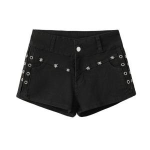 Quần Short Denim Cạp Thấp American Rivet Siêu Ngắn Cho Nữ Mùa Xuân Hè Mới Hot Bé Gái Co Giãn Ôm Sát Hông Đen Quần Nóng