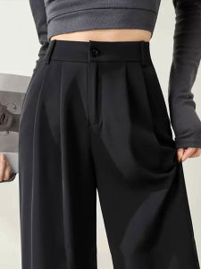 High Waist Straight Leg Black Suit Pants Wide Leg Casual Trousers for Short Women Spring New Style Slimming Drapey Polyester Fiber