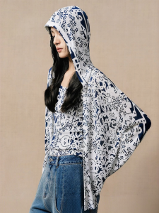 Silk Blend Hooded Jacket Blue Print 2025 Summer