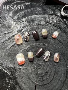 Hesasa Hand-Painted Design Short Wearing Nail Art Pure Handmade Snow Peak Mocha Cold Wind Minimalist Style Nail Tips False Nails