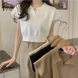 FRAN Summer Short Sleeve POLO Shirt Cropped Knit Sweater Lapel Top