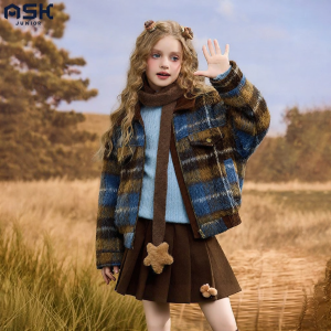 ASK JUNIOR | Warm Plaid Peter Pan Collar Girls Tweed Coat