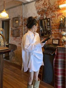 Asymmetrical Mid Length Long Length Lazy Outer Shirt Oversize Hong Kong Style Long Sleeve Tops Stylish Bandage Dress White Shirt