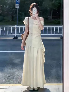 XUECAIQI | Irregular Strap Blouse High Waisted Wide Leg Pants Set