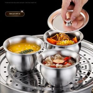 YESPERY 3Pcs 400ML Stainless Steel Steamed Egg Bowl With Lids Kitchen Tableware Soup Bowl Food Container Rice Bowl