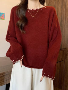 เสื้อสเวตเตอร์ถักสีแดงเนื้อนุ่ม แขนยาว ไซส์ใหญ่ สำหรับผู้หญิง เสื้อคลุมหนา ทรงหลวม ปกติ ฤดูใบไม้ร่วง/ฤดูหนาว