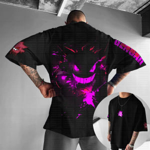 Bandai | New Pokemon Cotton T Shirt Gengar Back Print Purple Glowing Eyes Sharp Teeth Design Loose Fit Men Women Casual Fashion