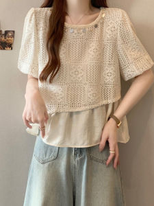 Slimming Lace Short Sleeve Shirt Womens Summer plus Size Korean Style Casual Commute Classic Pattern Simple round Neck Top