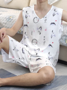 ชุดนอนผ้าฝ้ายสีพิมพ์ลายฤดูร้อนสำหรับผู้ชายและผู้หญิง แขนกุด คอกลม ไซส์ใหญ่ ใส่ไปข้างนอกได้ ชุดกระโปรงสั้นผ้าไหมฝ้าย
