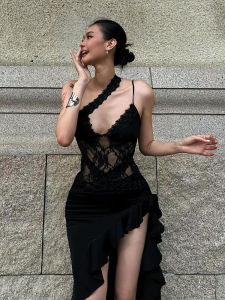 Đầm Hở Lưng Không Đối Xứng Gợi Cảm Ren Khoét Sâu Không Tay Cho Nữ Mùa Thu Thường Ngày Màu Trơn Không Tay Váy Ngắn