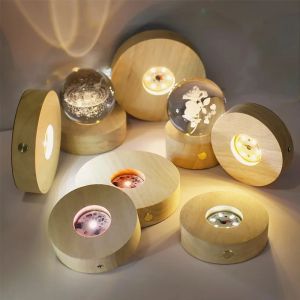 8CM Round Solid Wooden Light Base LED Wooden Night Light RGB and 3Colors Solid Crystal Ball Base Lamp Batteries Powered Wireless
