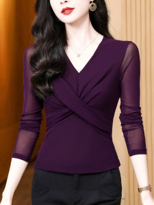 Womens V-Neck Long Sleeve Base Shirt Spring Autumn New Style Net T-Shirt Folded Slim Dance Wear Top Fashionable Small Shirt