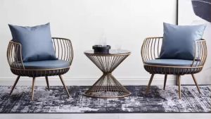 Ghế ngồi trang điểm decor tiệm Cafe Nail bọc da nỉ theo yêu cầu có tựa lưng với khung kim loại kiểu thúng nan sọc