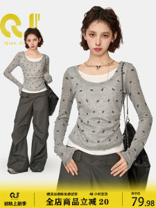 Gray Fake Two-Piece Bows Shoulder Long Sleeves T-Shirt Womens Spring & Fall Thin Silm Inner Bottoming Shirt Short Tops
