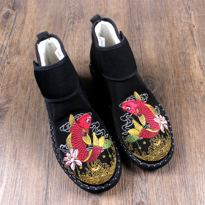 Thickened High-Top Mens Winter Boots Warm Fleece Lined Embroidered Beijing Style Cotton Shoes Comfortable Casual Snow Boots