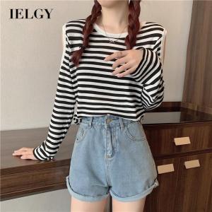 IELGY new ice silk knit long-sleeved shirt womens round neck loose thin striped off-shoulder sunscreen blouse