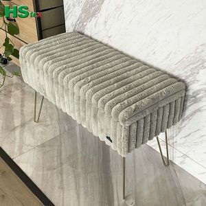 HStex Vanity Chair mirror upholstered Bench with gold hairpin legs the bench seat is characterized by vertical cylindrical tufting