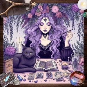 VIKAMA Witch Black Cat Flower Tarot Pattern Altar Buvika Phù Thủy Tâm Linh Lễ Đọc Sách Để Bàn Bói Toán Phong Cách Hiện Đại Có Thể Giặt Bằng Máy 100% Polyester