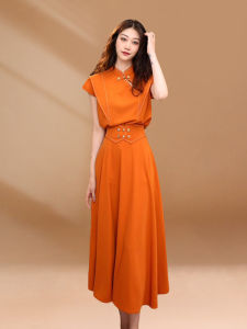 New Chinese Style Orange Suit Dress Womens 2024 Summer Stylish Stand Collar Short Sleeve Skirt Two-piece Set