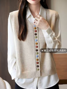 Womens Knitted Sleeveless Vest Vintage Style Cardigan Autumn New Fashion Layered Cotton Blend Regular Thickness round Neck
