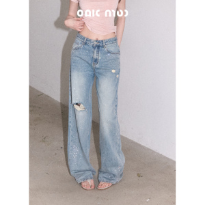 OAKMOO | Quần Jeans Bông Vintage Chói Sáng Đục Lỗ