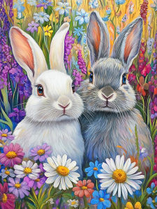 Huacan Full Square Round Diamond Painting Rabbit Daisy Diamond Embroidery Animal Flower Complete Kit Home Decoration